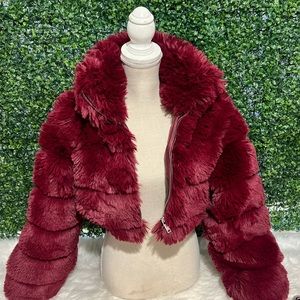 Red Teddy Jacket with Plush Faux Fur and Cropped Style